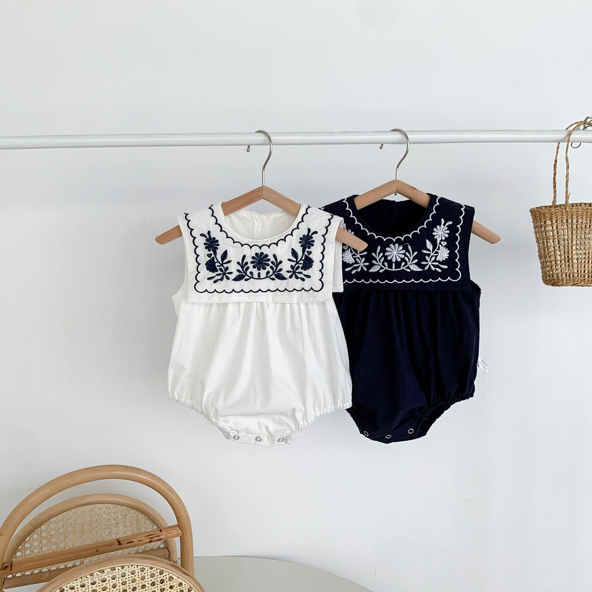 A ins summer cool navy embroidered collar sleeveless vest jumpsuit baby girl baby bag fart clothes climbing clothes - Mixbatch