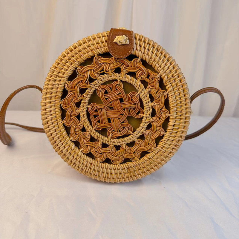 A rattan bag ins diagonal span mini bag Mori basket retro literary woven round bag vacation bucket bag leather buckle bag