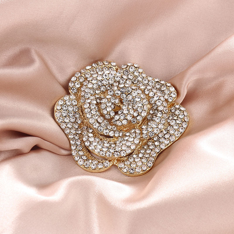 A European and American fashion exquisite rose flower brooch inlaid with diamonds flower brooch suit coat versatile accessories do not button - Mixbatch