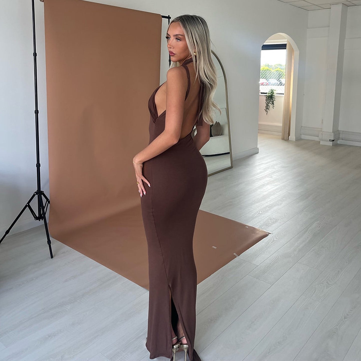 A701DS European and American cross-border 2025 spring new dress solid color neck hollow slim hip high waist sexy - Mixbatch