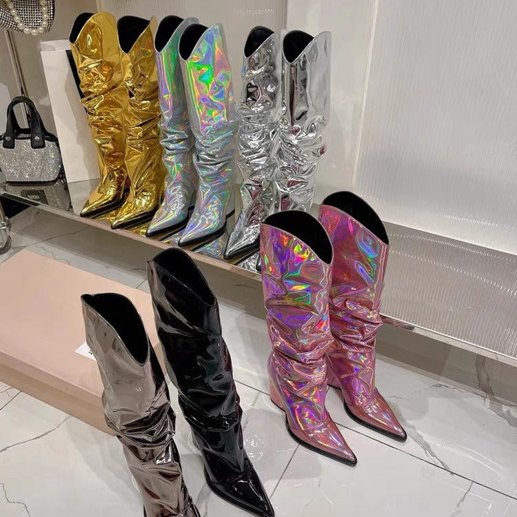 A European and American new thick heel pointed gold silver magic laser glossy pleated foreign trade cross-border large size long women's boots