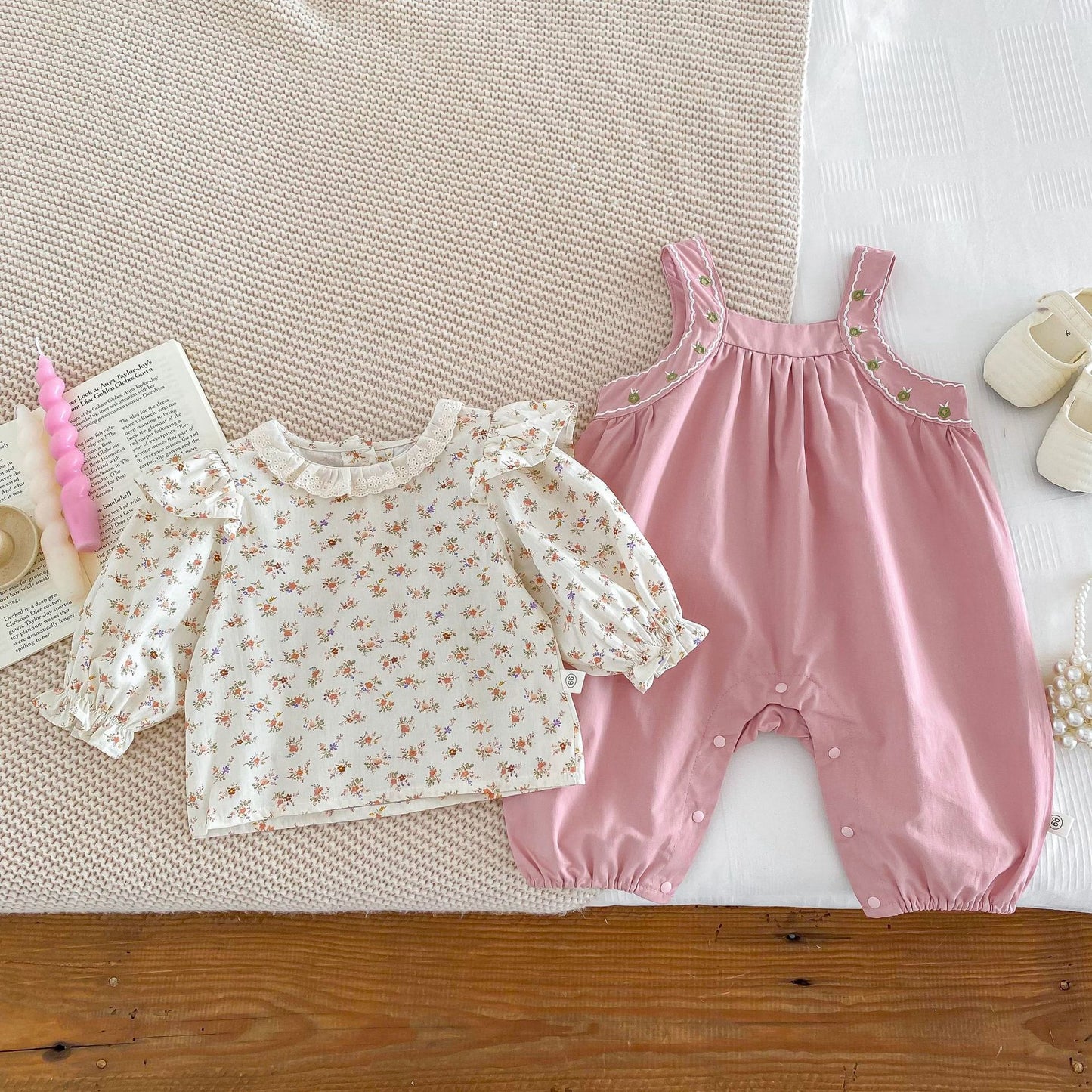 A Baby one-piece bib pants girl one-piece crawler suit floral shirt set baby foreign style outing two-piece set - Mixbatch