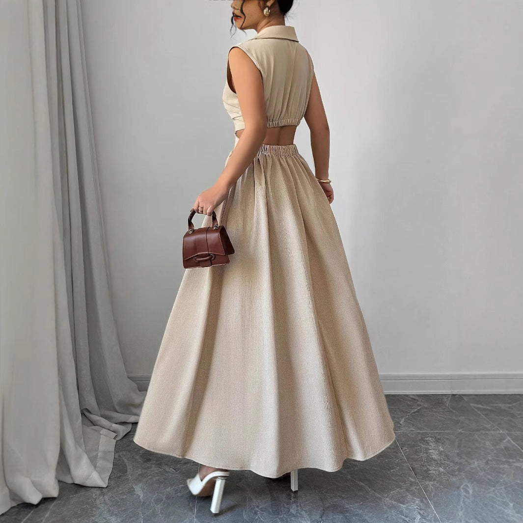 A sleeveless V-neck dress