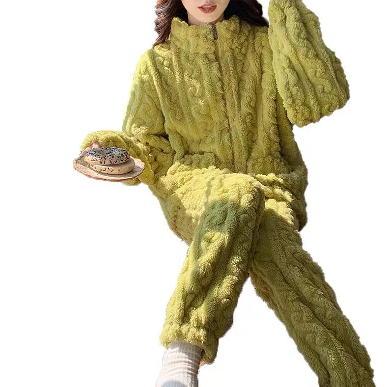 A Coral fleece pajamas winter women's models 2023 new autumn and winter fleece thickened zipper can be worn outside loungewear milk yellow - Mixbatch