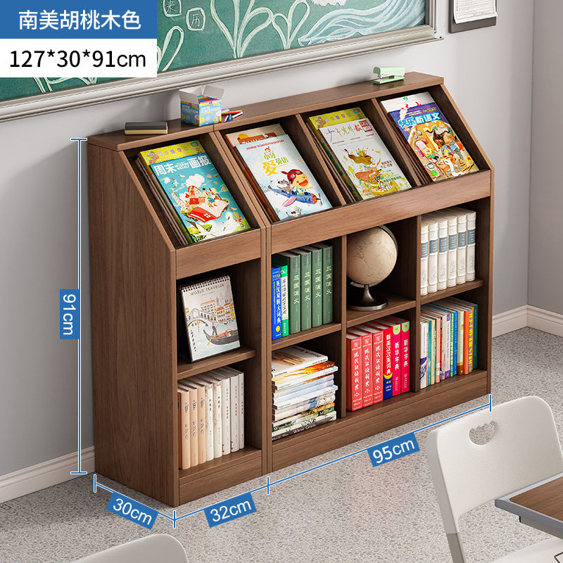 A school classroom bookshelf and storage cabinet
