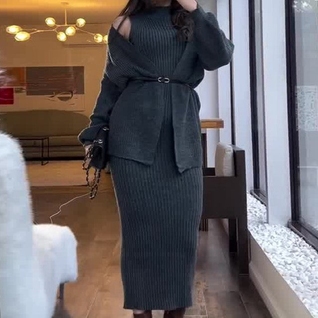 A knitted jacket skirt set with belt