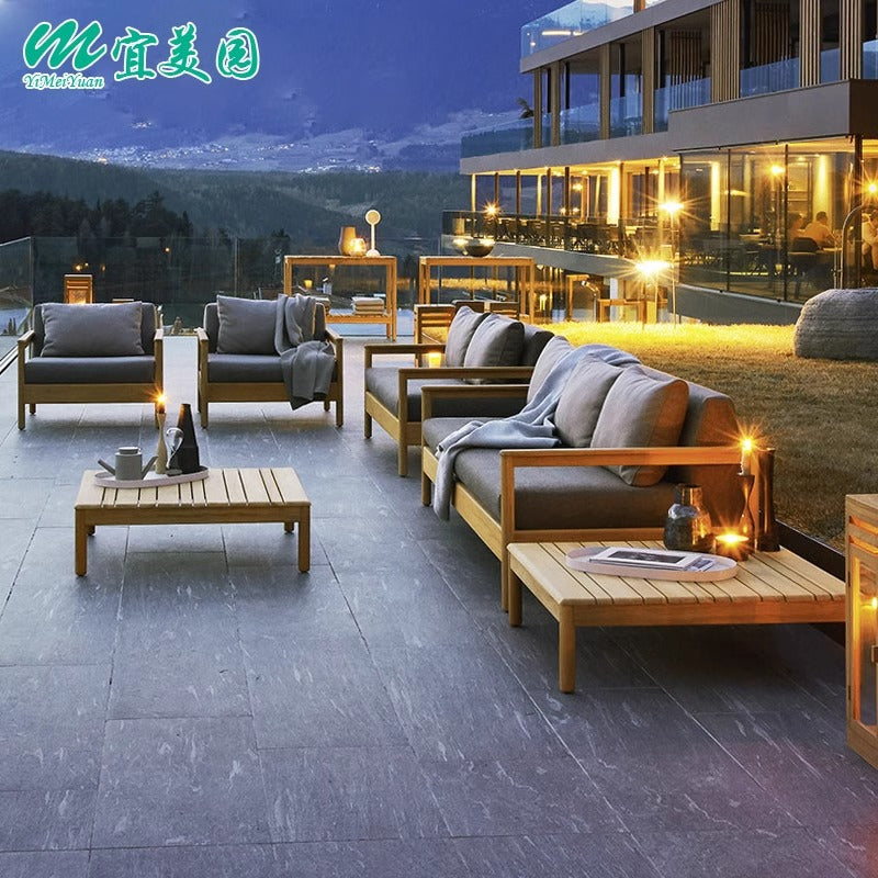 A teak outdoor sofa combination villa courtyard furniture Nordic style high-end garden hotel terrace solid wood sofa chair - Mixbatch