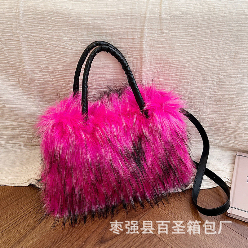 A Plush raccoon fur handbag