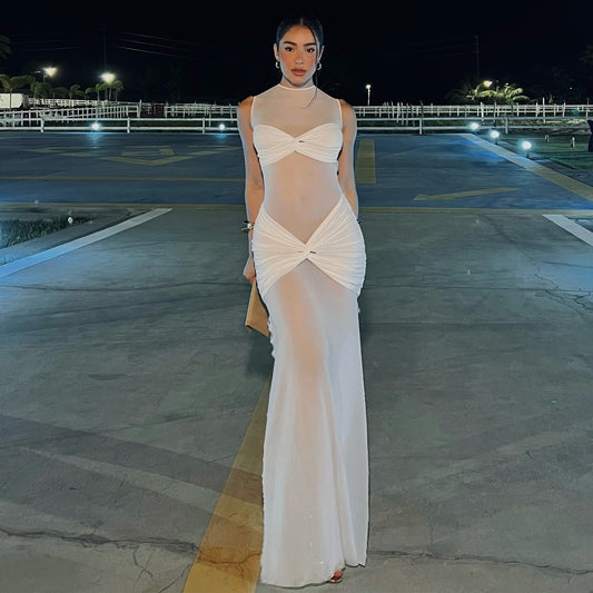 D098DS European and American cross-border 2025 spring new evening dress perspective mesh sexy solid color hip-wrapped women's jumpsuit - Mixbatch