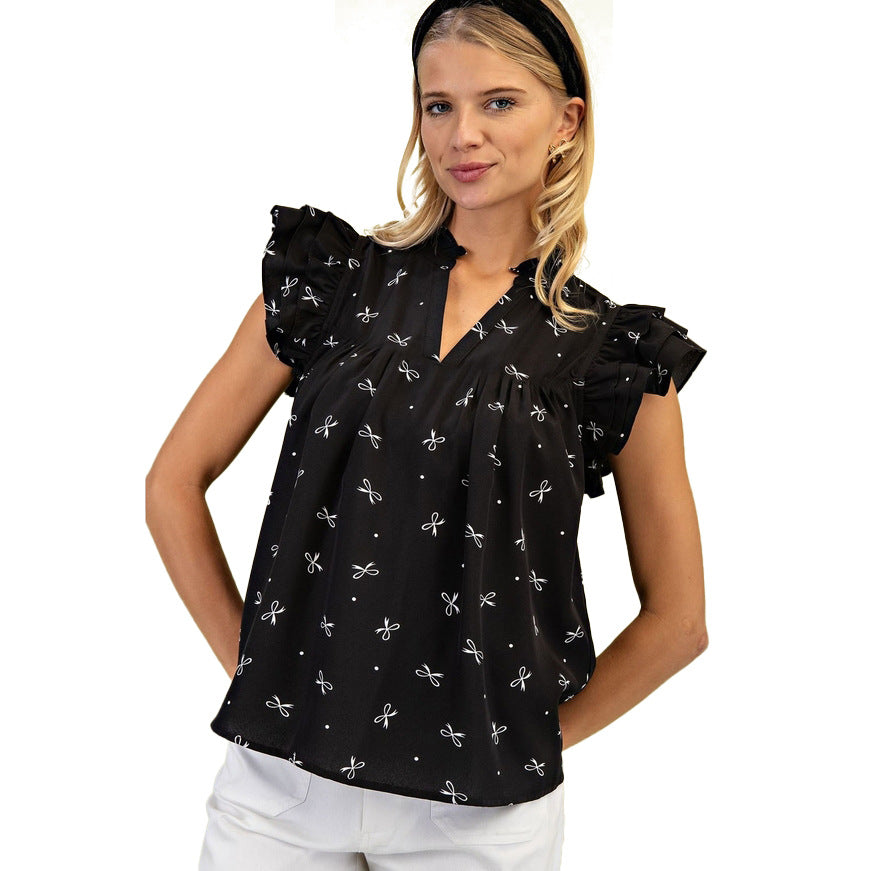 Europe, America, cross-border Amazon independent station 2025 summer new V-neck multi-layer lotus leaf sleeve sweet printed women's shirt - Mixbatch
