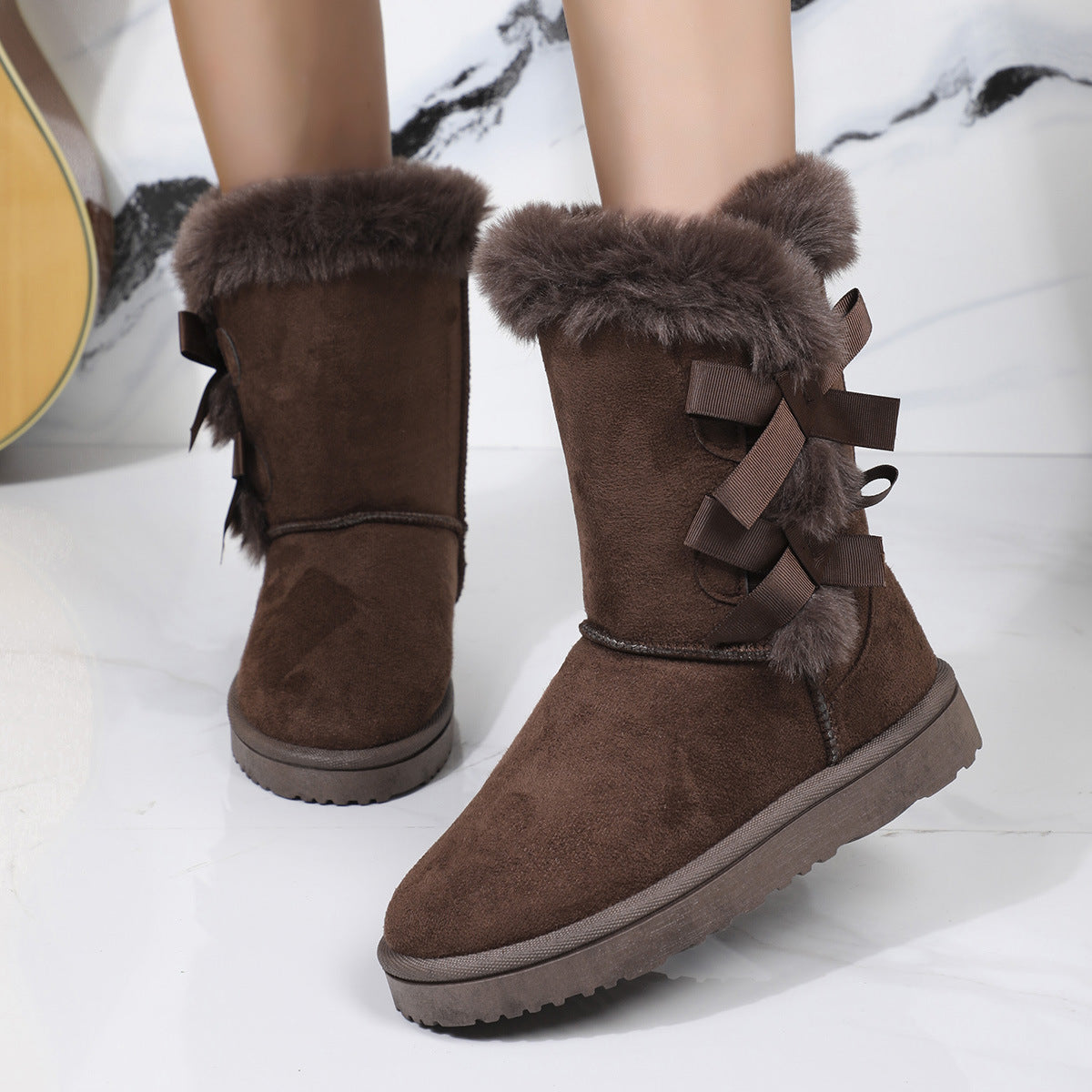 A new medium tube autumn and winter women's snow boots medium and high boots bow fashion velvet snow boots cross-border foreign trade - Mixbatch