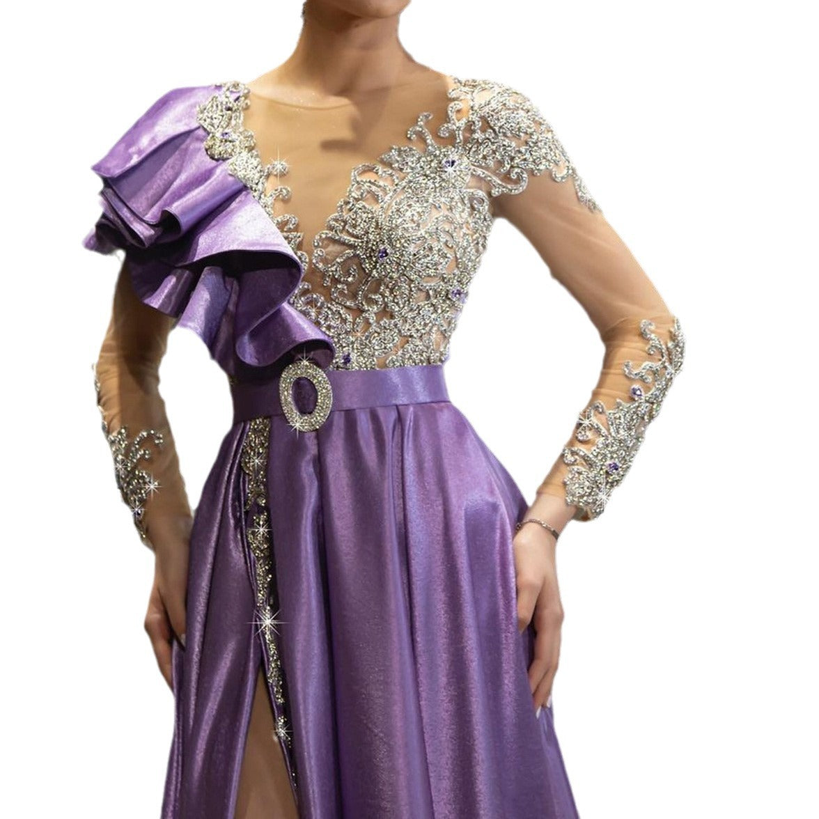 A European and American women's evening dress women's gold purple sequined dress