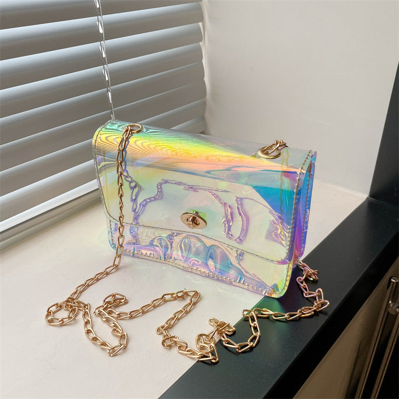 A new laser colorful small square bag chain small bag mobile phone bag change bag transparent bag shoulder messenger bag