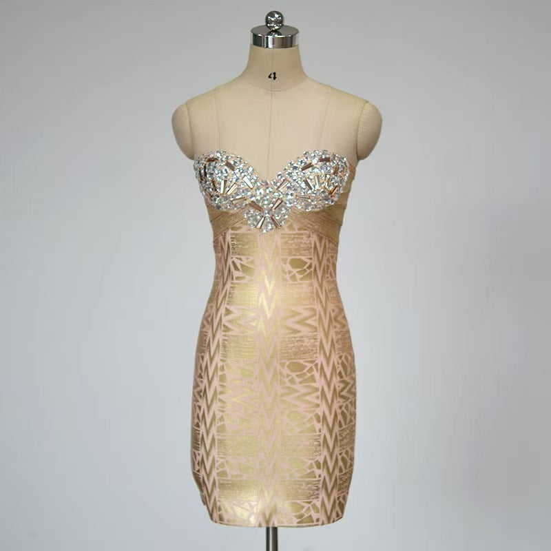 A new bronzing beads European and American cross-border tube top fashionable sexy luxury bandage skirt evening dress fashion temperament