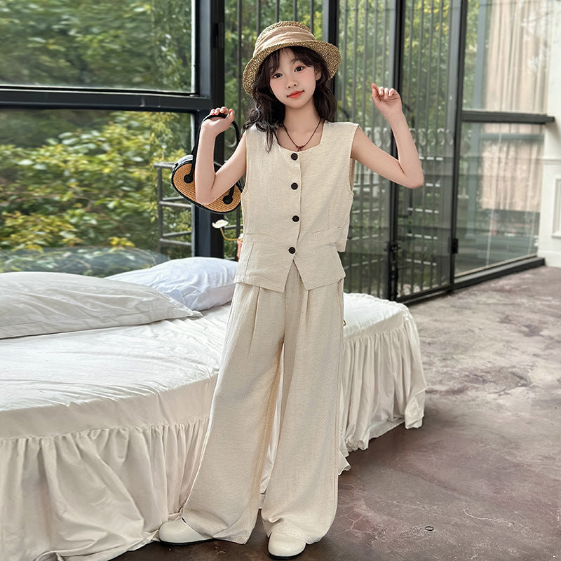 A summer new middle-aged and older children's suit vest wide-leg pants two-piece temperament casual and fashionable suit