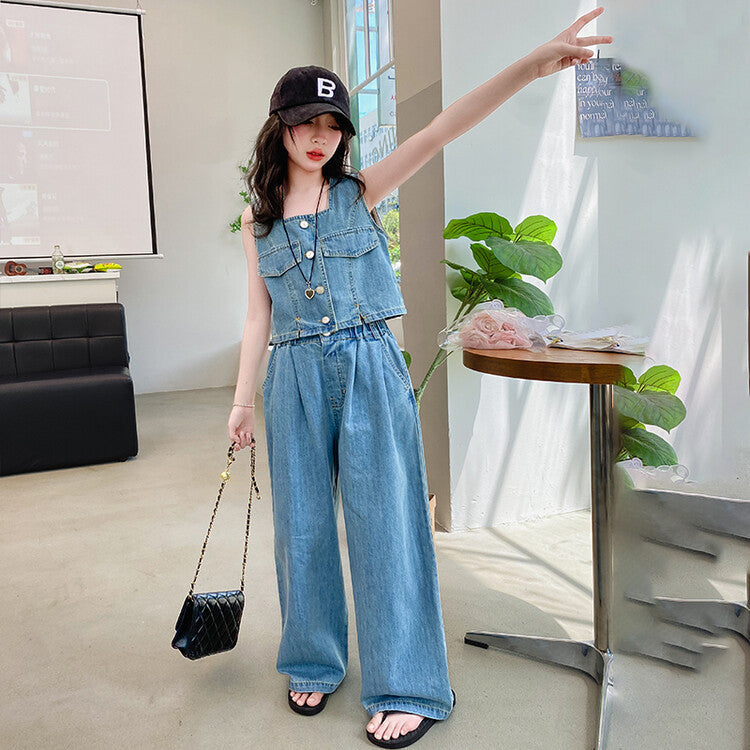 A girls denim suit new summer Korean version sleeveless short suspender high waist loose wide leg pants children's suit