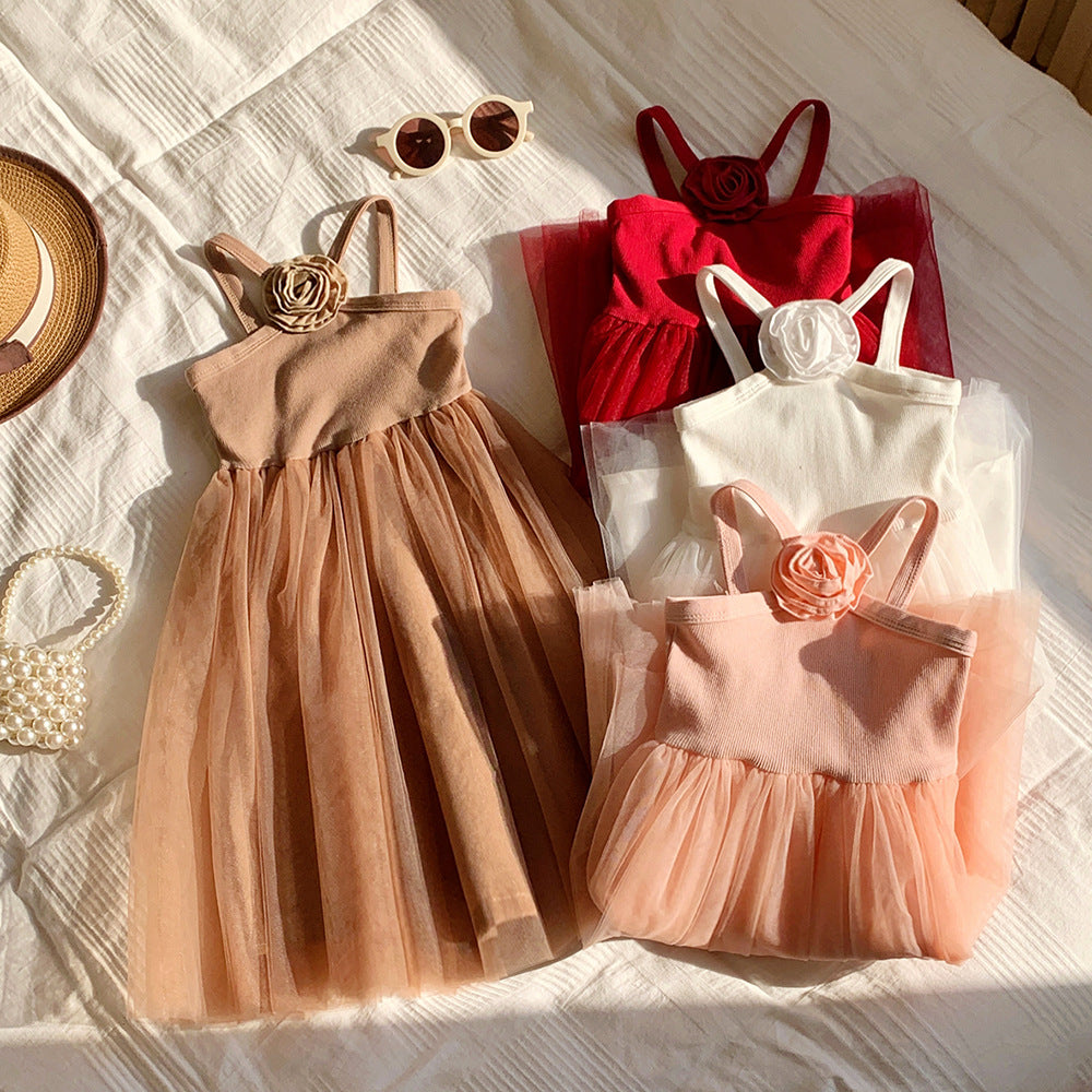 A summer new French rose suspender girls dress sweet foreign mesh princess dress beach dress