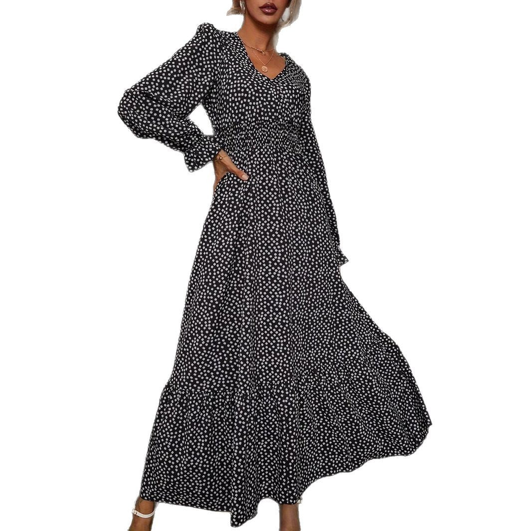 A long-sleeved V-neck dress