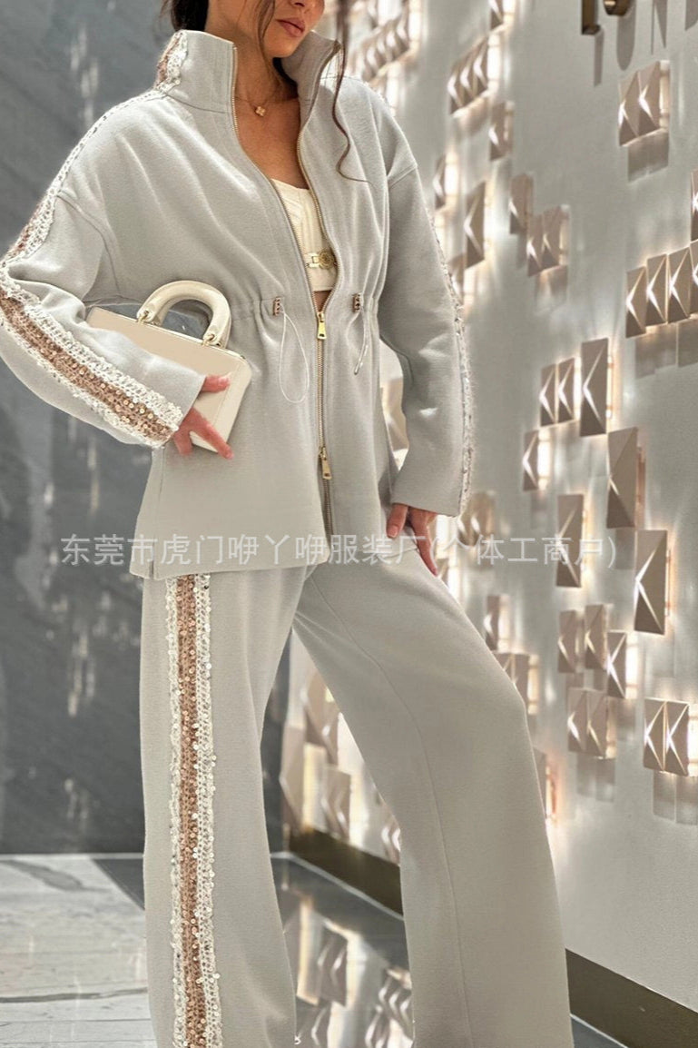 A Fashion Drawstring Waist Top Wide Leg Pants Two-piece Set