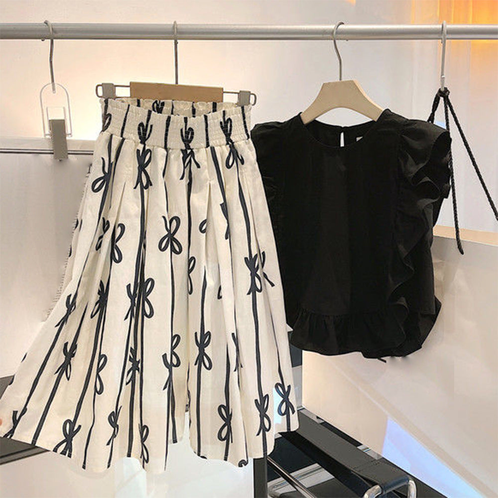 A Korean version of the girl doll shirt summer new sweet retro Hepburn style flying sleeve elegant simple long skirt set
