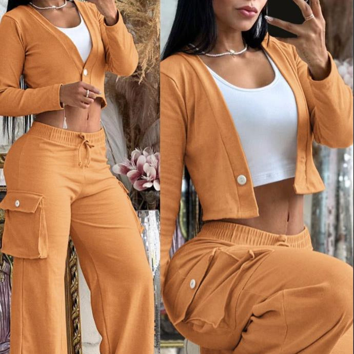 A Women's Casual Long Sleeve Solid Color Button Pocket Wide Leg Pants Set - Mixbatch