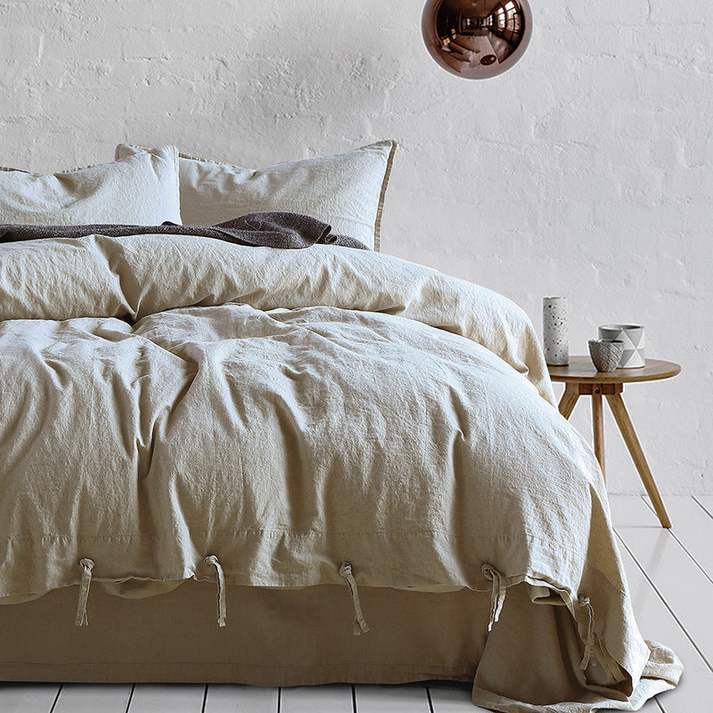 Minimalist Japanese Linen Four Piece Bedding Set Solid Color Button Cotton Linen Bed Sheet and Duvet Cover 1.8 Home Textile Bedding - Mixbatch