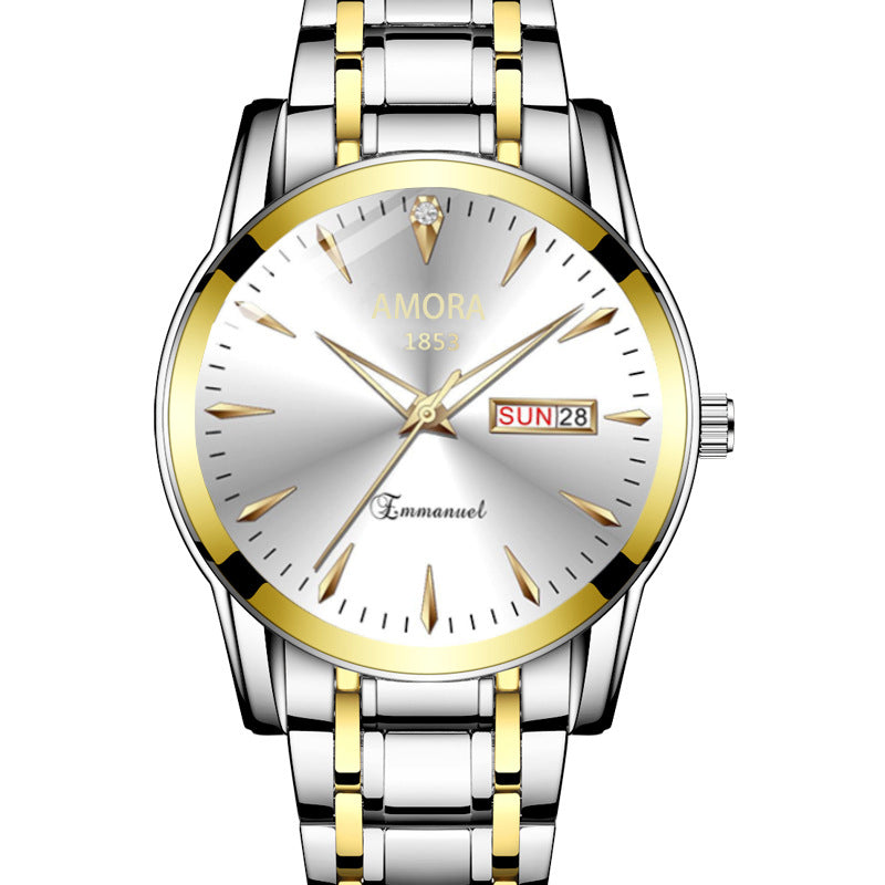 A new quartz watch men's double calendar automatic waterproof luminous business steel belt watch