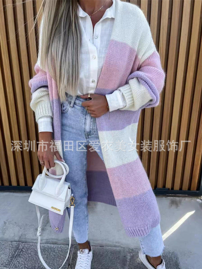 A multi-colored striped sweater loose long knitted cardigan jacket