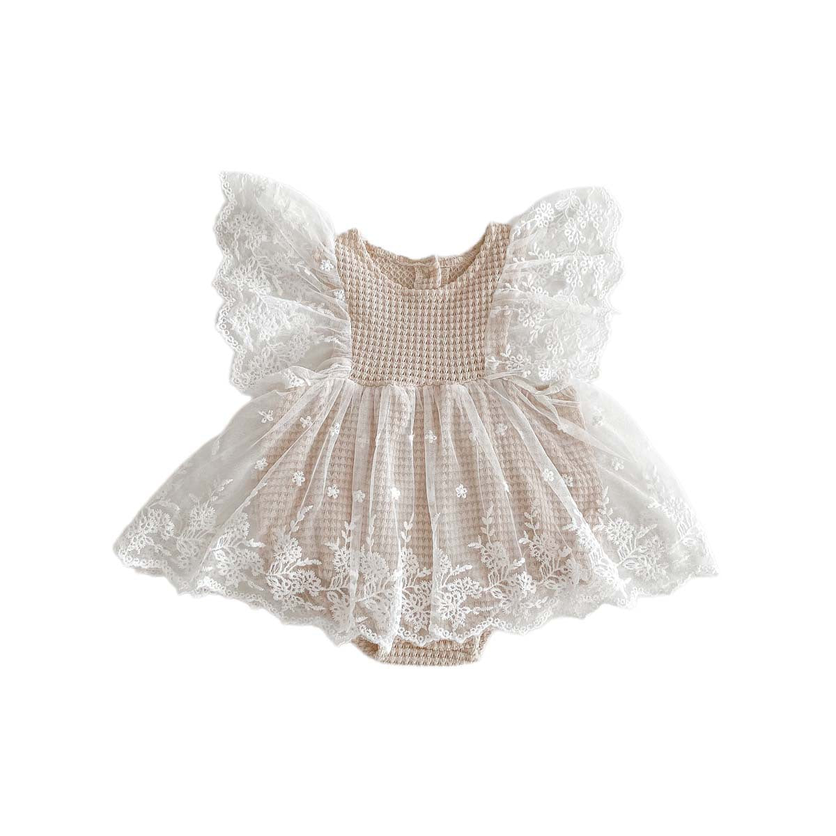 A Baby Bodysuit Korean Edition Girl Baby Lace Summer Flying Sleeves Wrapped Fart Coat Newborn Centenary Princess Harp Dress - Mixbatch