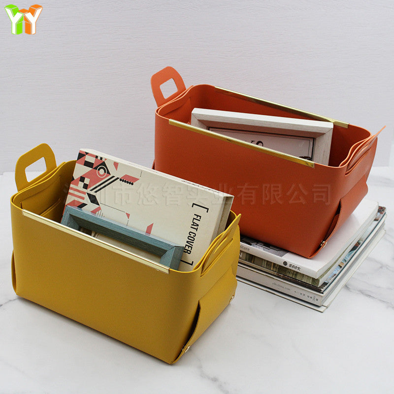 A leather sock storage basket