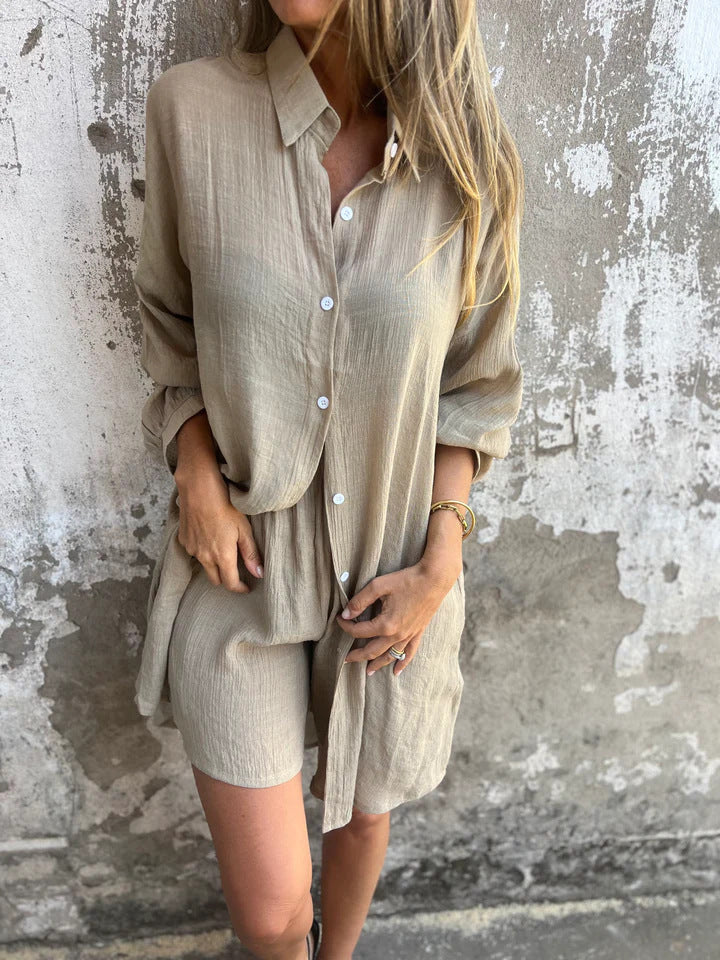 A Cross-border Europe, America, Amazon's new women's clothing casual solid color cotton and linen shorts long-sleeved wrinkled cloth shirt two-piece set