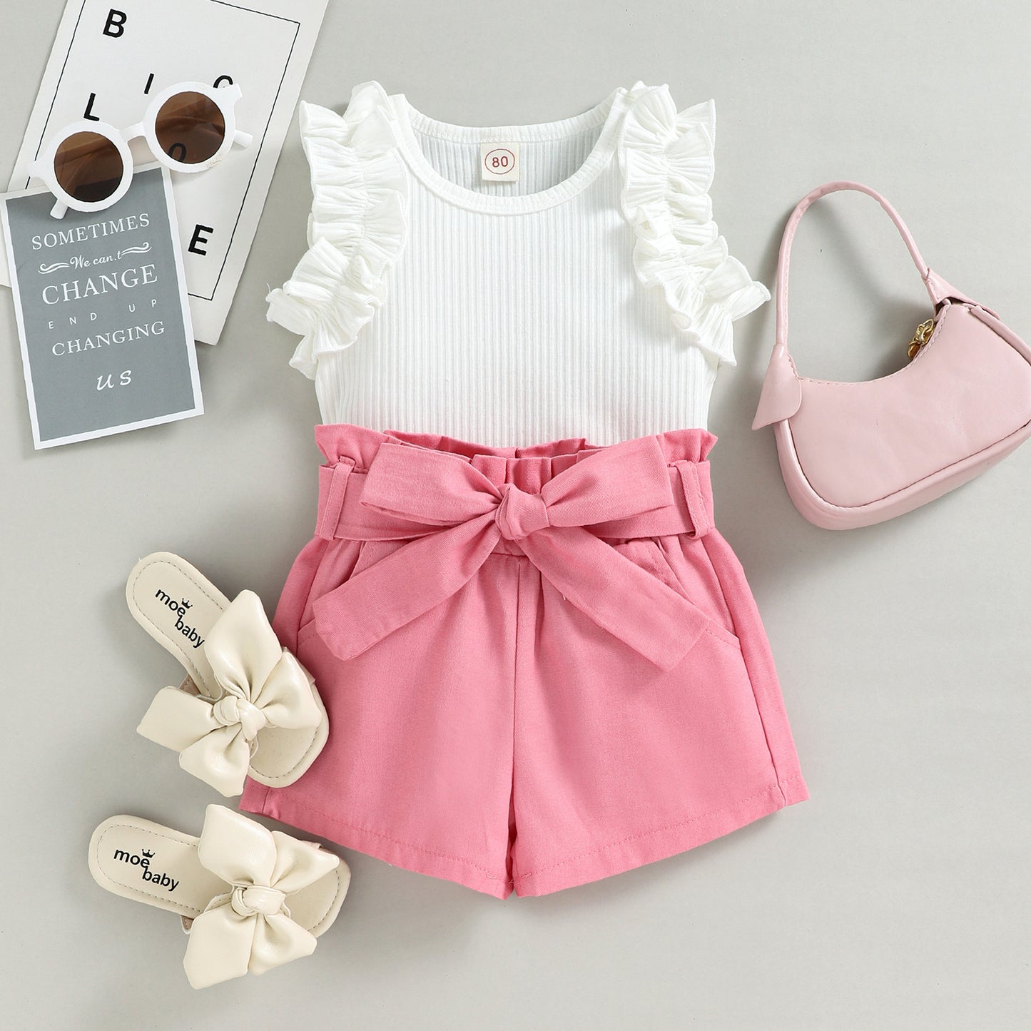 A European and American style summer small and medium-sized girl set with cotton pit strips and wooden ear edges, sleeveless top, solid color shorts, two-piece set - Mixbatch