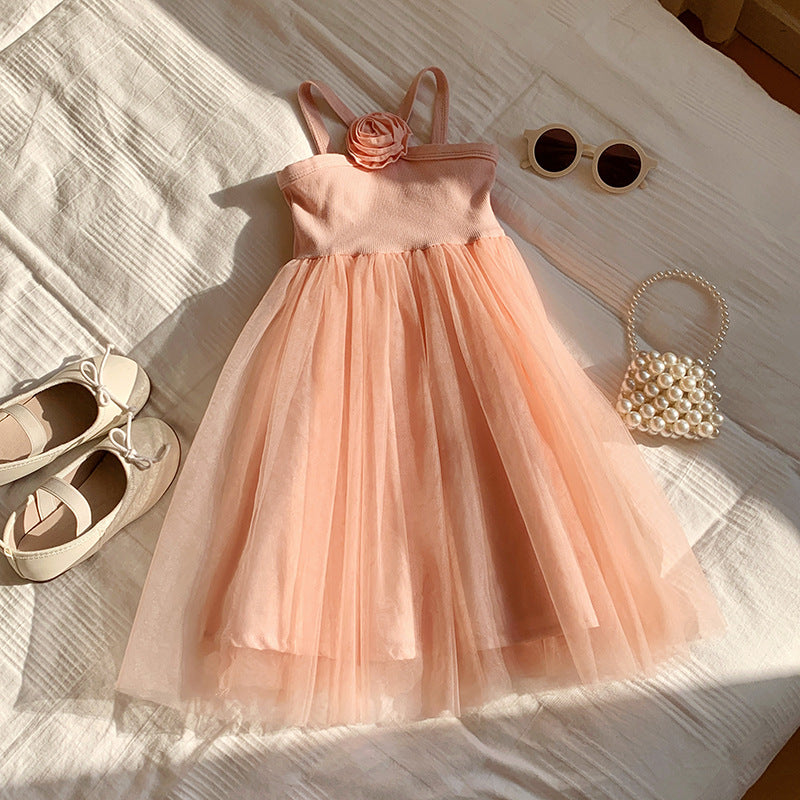 A summer new French rose suspender girls dress sweet foreign mesh princess dress beach dress