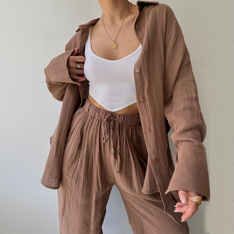 A autumn new simple niche lapel collar long-sleeved shirt high waist trousers casual suit