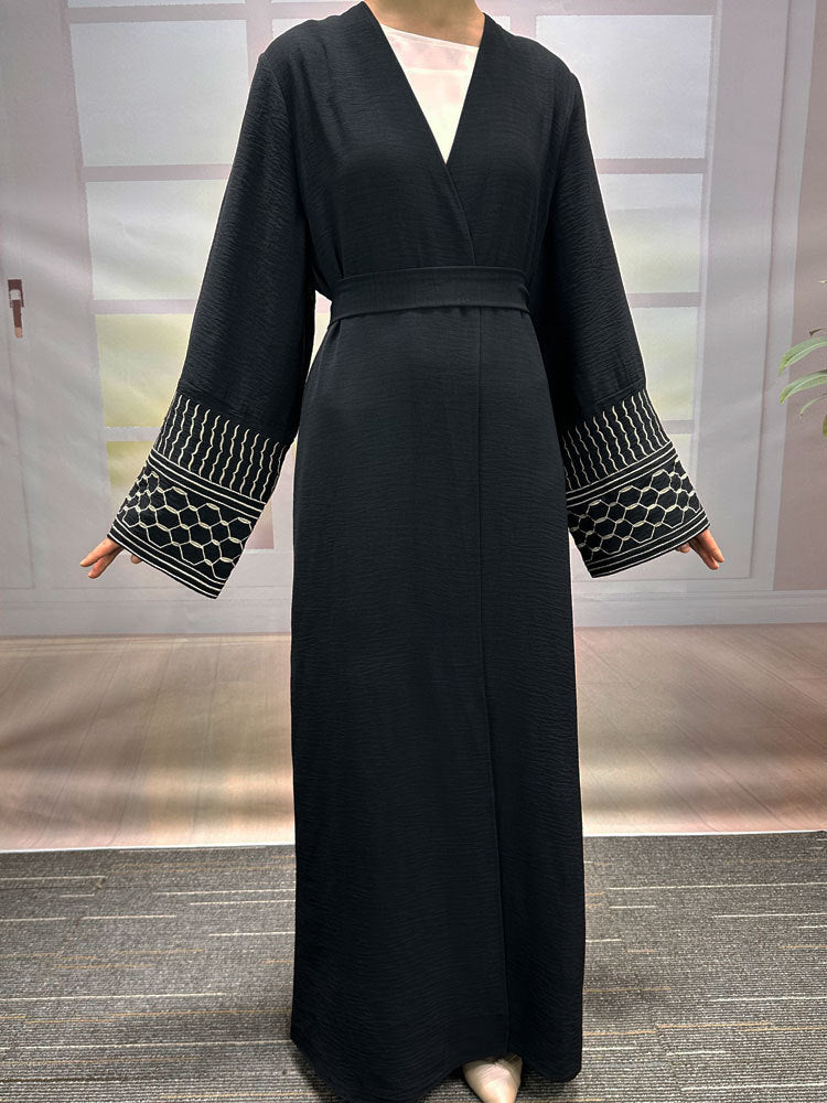 Middle Eastern Muslim Clothing Fashion Elegant Pocket Cardigan Embroidered Lace-Up Dress Robe - Mixbatch