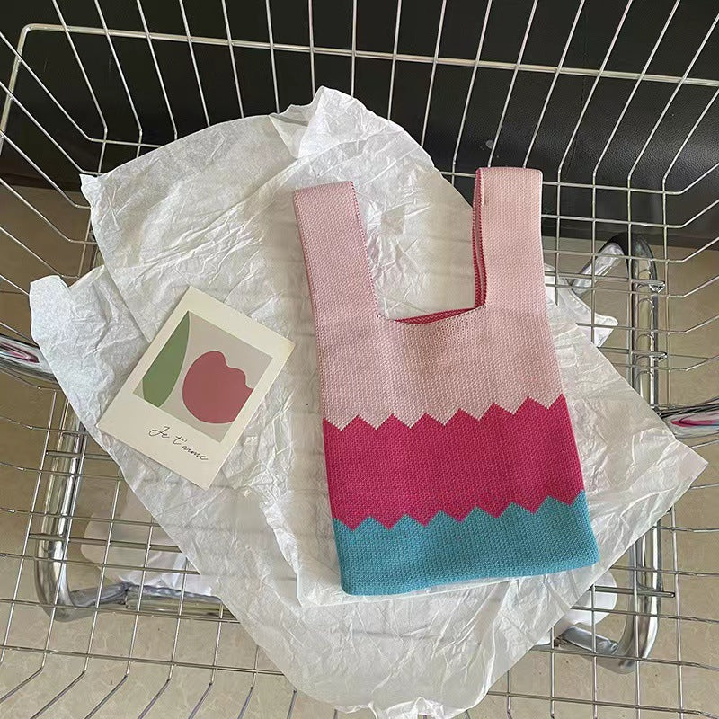 A Internet celebrity handbag women's knitted wool bucket bag Japanese and Korean version versatile hand carry casual tote bag box lunch bag y