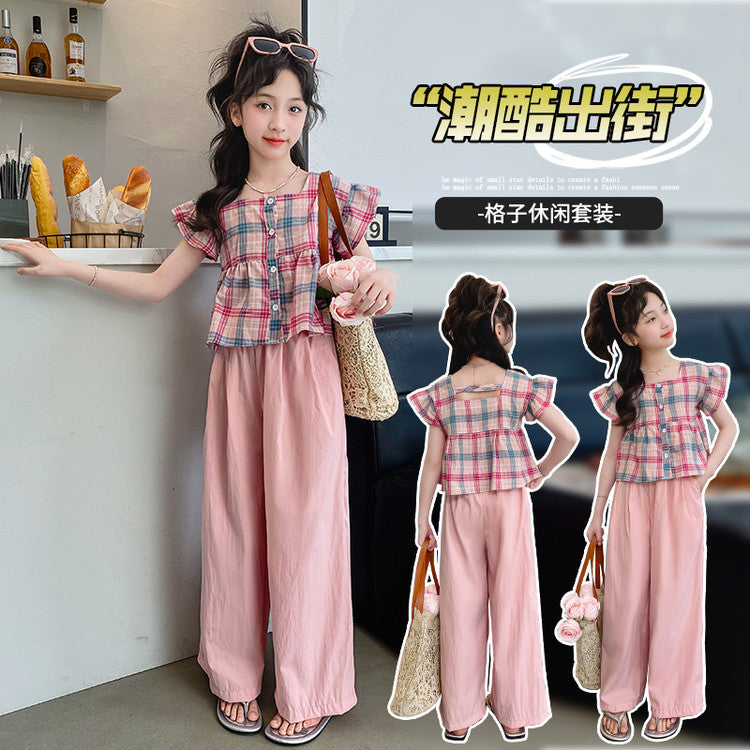 A girls plaid texture solid color set is on the shelves in stock, pink Korean pants set, foreign gas cotton women