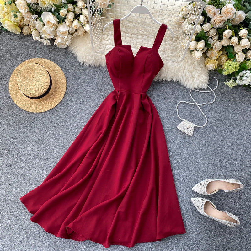 A backless solid color waist V-neck long dress women's dress