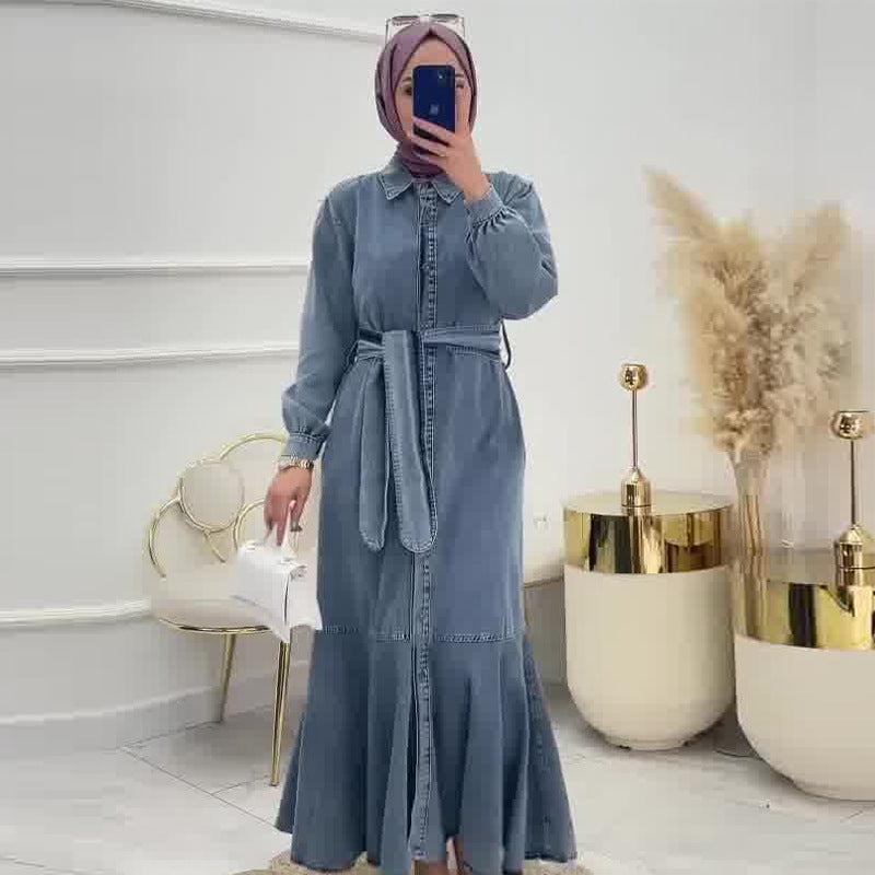 A autumn new European, American Amazon cross-border women's clothing solid color zipper model lace-up waist denim dress