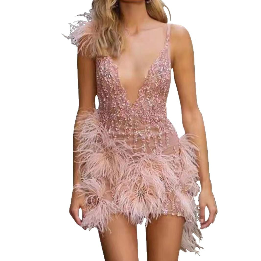 A Feather Suspender Skirt Deep V-Neck Sexy Party Dress #WT1122