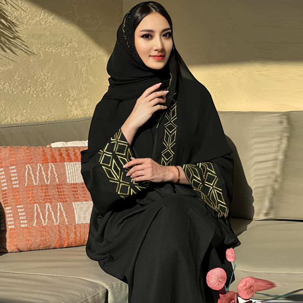New women's Muslim clothing temperament elegant cardigan robe bat sleeve gold thread embroidered headscarf - Mixbatch