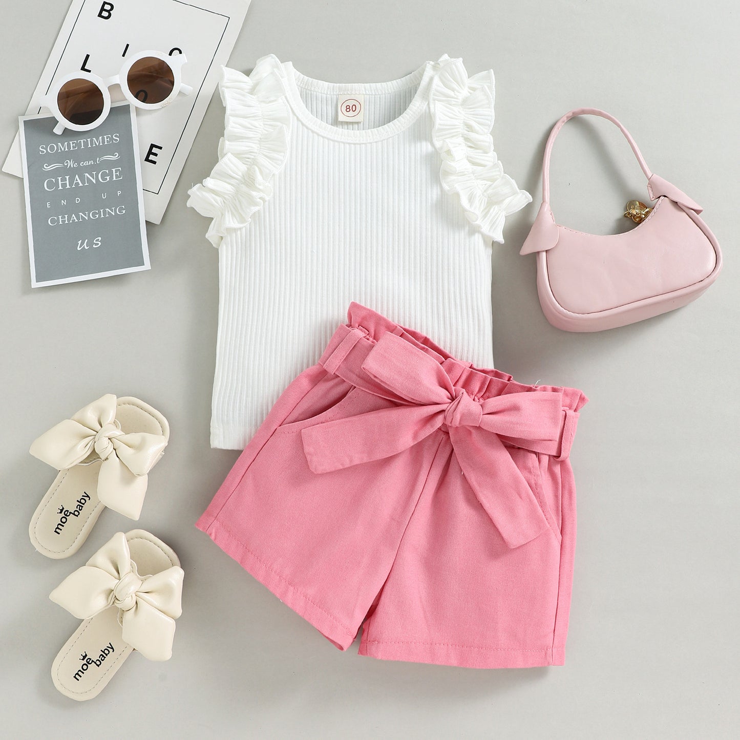 A European and American style summer small and medium-sized girl set with cotton pit strips and wooden ear edges, sleeveless top, solid color shorts, two-piece set - Mixbatch