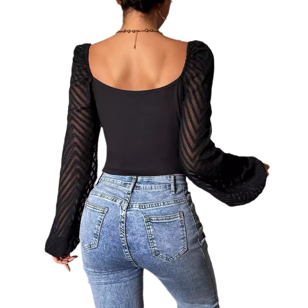 Spice Girl Chest Lace-Up Lantern Sleeve Crop Top - Mixbatch