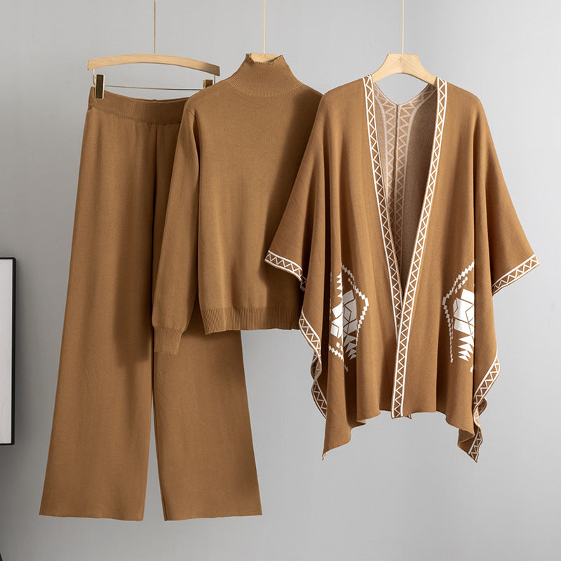 A knitted sweater shawl cape jacket three-piece set