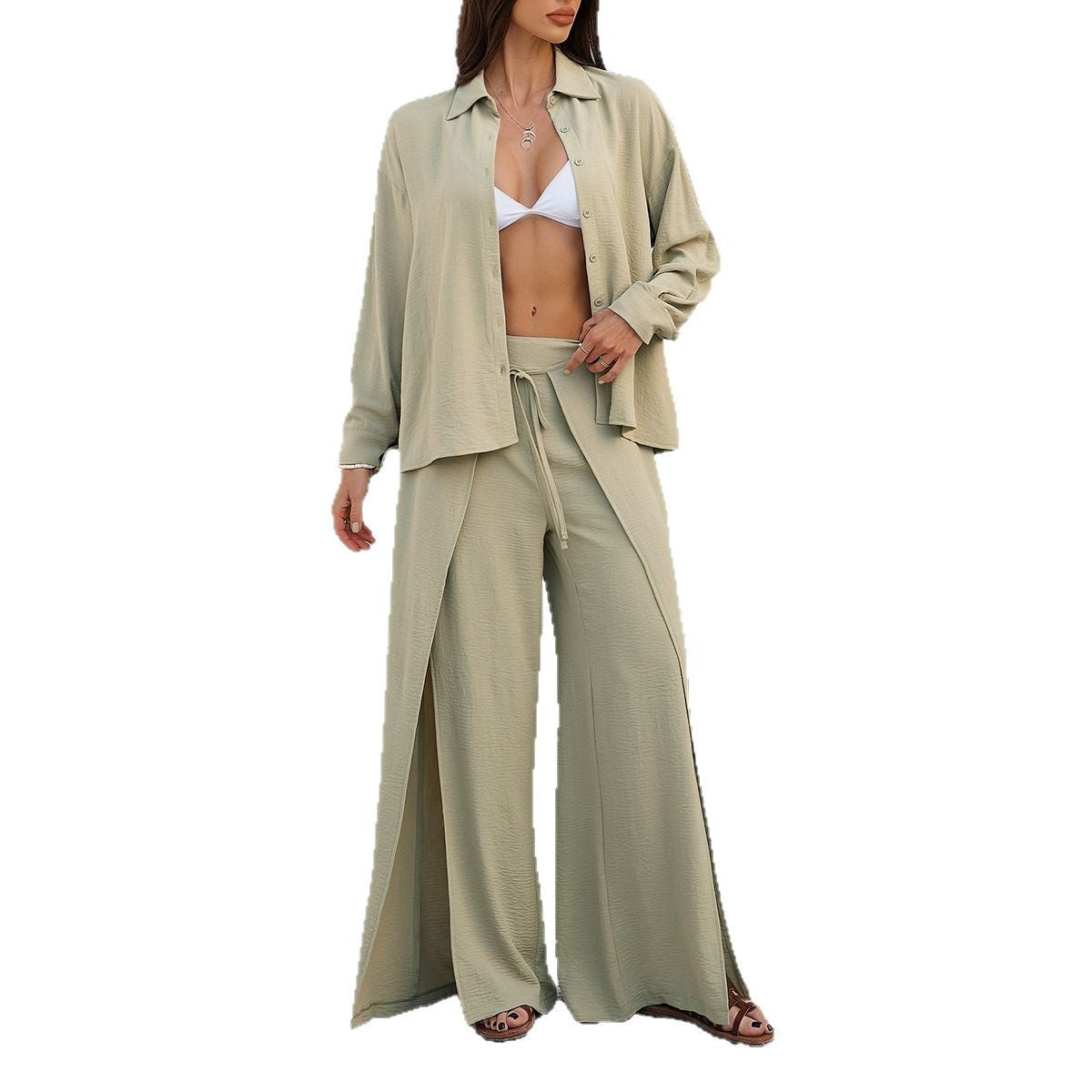 2025 spring and summer cross-border Amazon leisure vacation style solid color shirt wide-leg trousers women's clothing 2-piece set - Mixbatch