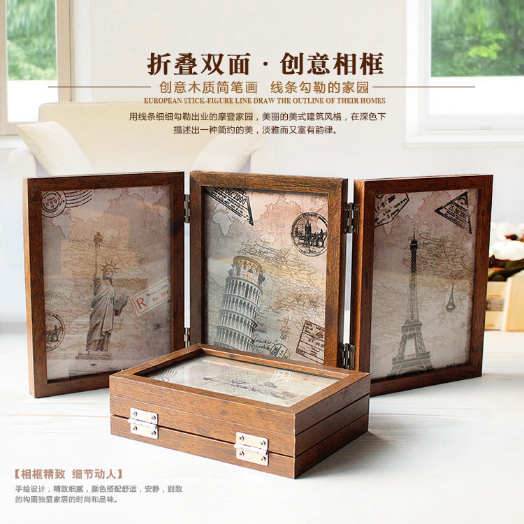 A three-fold folding six-sided glass photo frame table retro American creative combination 6-inch 7-inch like photo frame ornament