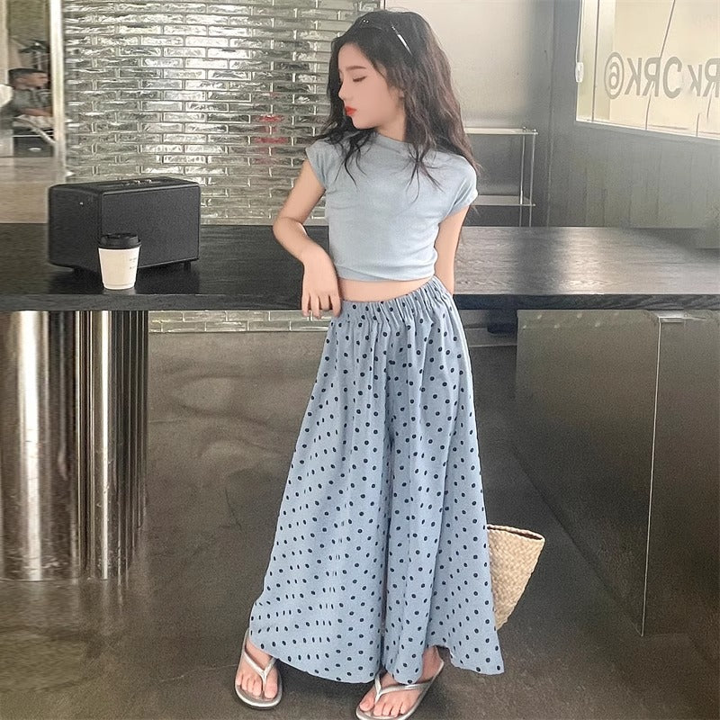 A girls T-shirt culottes set summer new Korean version top wide leg pants medium older girls polka dot culottes