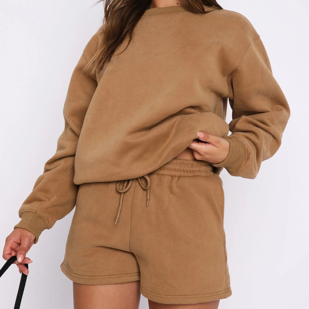 A solid color loose and versatile casual crew neck sweater shorts set - Mixbatch
