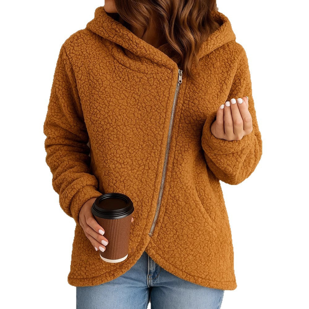 A long-sleeved zip-up hooded jacket