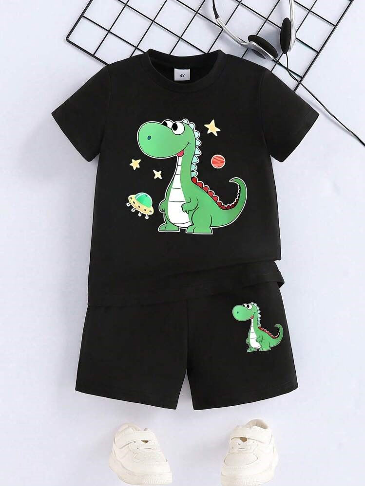 A European, American and foreign trade Amazon summer new hot sale green love dinosaur printing children's clothing set short-sleeved T-shirt shorts
